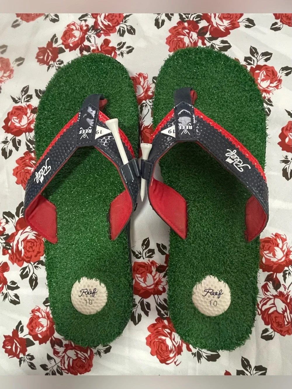 Reef Kids Green Turf Flip Flops with Red and Navy Straps